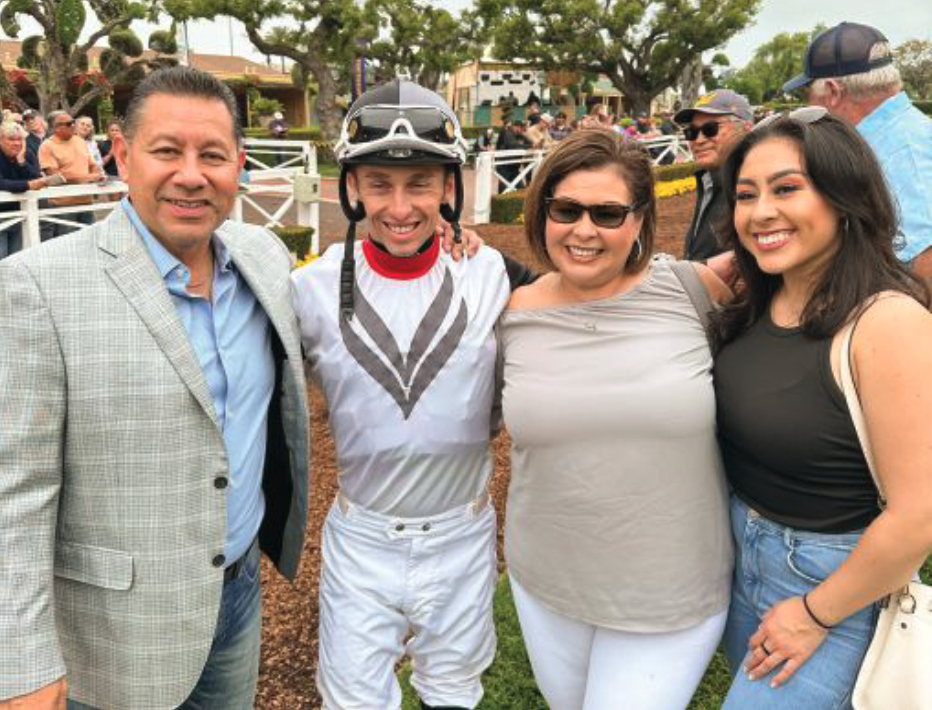 Victor and Patricia and their daughter Monét (right) meet with jockey Kyle Frey at Del Mar
